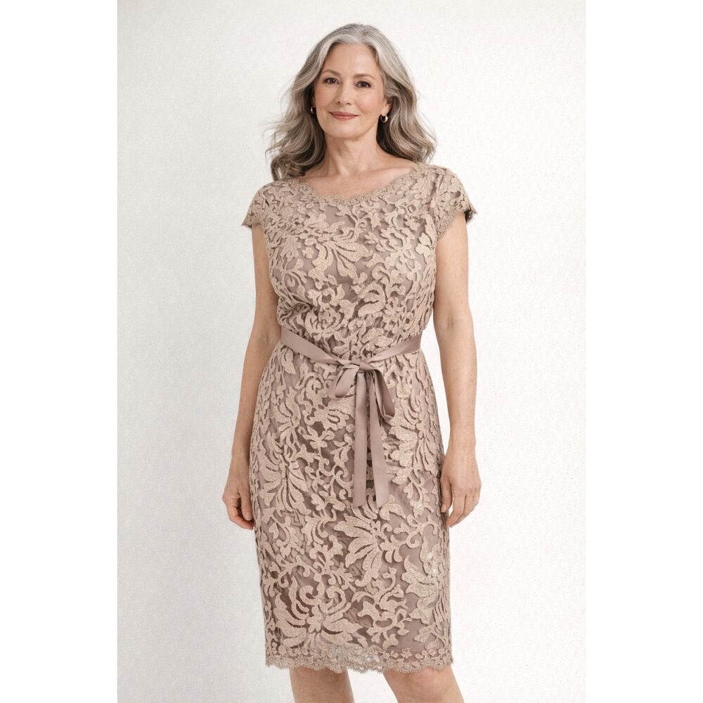Tadashi Shoji Greta Lace Belted Bow Sheath Dress Sand Taupe Cocktail Womens 4